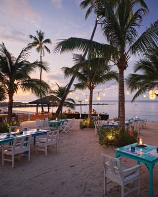 Informal beach restaurant at sunset, surrounded by palms and hanging lanterns