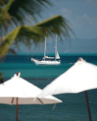 Sailing yacht at sea with white parasols and palms in the foreground