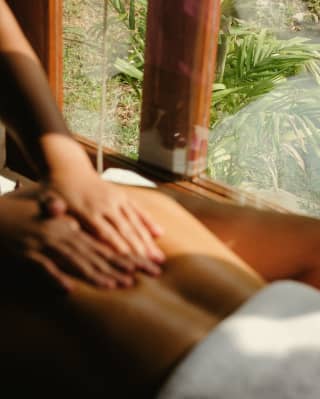 A guest has her back massaged in the warmth of a sun-filled window looking out onto gardens, seen in a soft-focus close-up.
