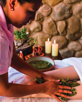 A spa therapist applies leaves to a guest’s calves as part of a specialist wellness therapy treatment
