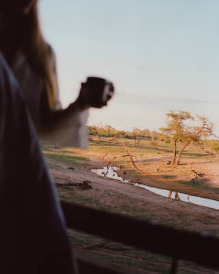 A woman holds a coffee in shady, soft-focus foreground, as sun brushes the watering hole and surrounding gold-green plains.