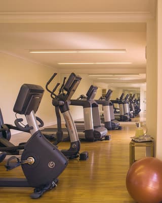 A row of professional fitness equipment stands on a polished wooden floor looking out at stunning views of Portofino Bay