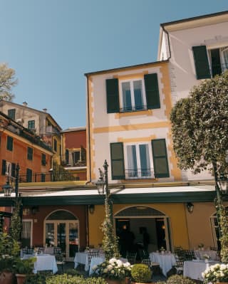 Portofino's famed architecture against a clear blue sky