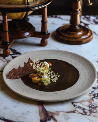 Close-up of a dessert served with a chocolate crisp and delicate chocolate leaf garnish