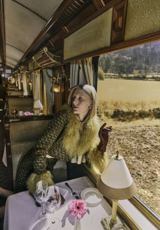 A woman with blond hair, in a flamboyant suit with faux fur trim and gloves, leans towards a window with views of the plains.