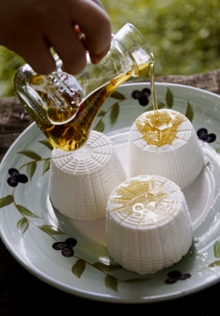 Honey spills from a glass jug over three fresh, white ricotta rounds, on a plate decorated with hand-painted olive branches.