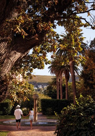 Couple surrounded by trees holding hands and looking at a fountain