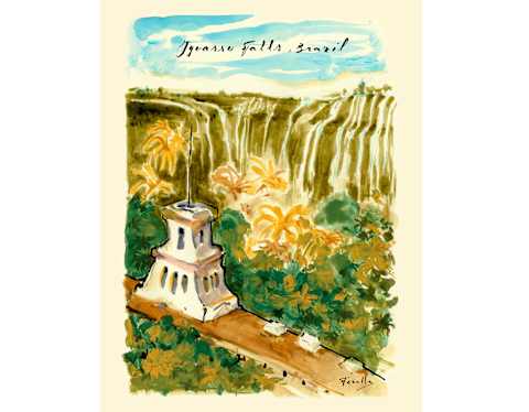 Watercolour illustration of Iguazu Falls in Brazil, featuring cascading waterfalls in the background, lush green forest, and a white observation tower with a path leading through dense foliage. Blue sky and text are visible above.