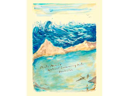 A colourful, hand-painted illustration of Porto Moniz Natural Swimming Pools in Madeira shows blue waves, tan mountains, figures swimming, and handwritten text labelling the location.