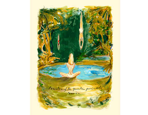 Painting of a woman sitting at the edge of a cenote surrounded by lush greenery, with two swimmers diving into the blue water. Text at the bottom reads Cenotes of the Yucatán Peninsula, Mexico.