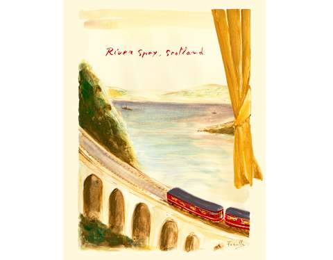 An illustrated train crosses a stone viaduct by a river, with green hills and water in the background. A yellow curtain frames the right side. Handwritten text reads River Spey, Scotland.