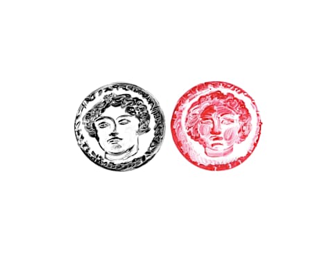Two old coins, one black, the other red, with Roman faces, representing the UNESCO city of Bath, illustrated by Manon Cezaro.