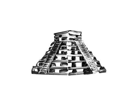 The ancient Chichén Itzá pyramid in Mesoamerica depicted in a black and white brush-stroke illustration by Manon Cezaro.
