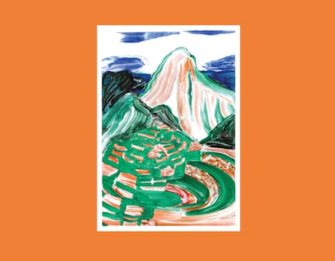 A painting with sweeping brush strokes in green and brown by Manon Cezaro represents the UNESCO site, Machu Picchu.