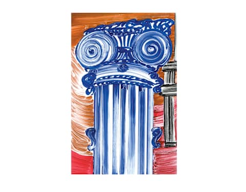 A blue column with decorative scrolls on a red and brown background drawn by Manon Cezaro depicts the Roman city of Pompei.