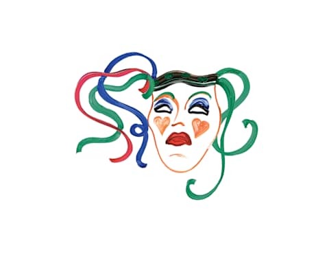 A Manon Cezaro illustration of a mask with ribbons in red, green and blue represents Taormina's historic Teatro Antico.