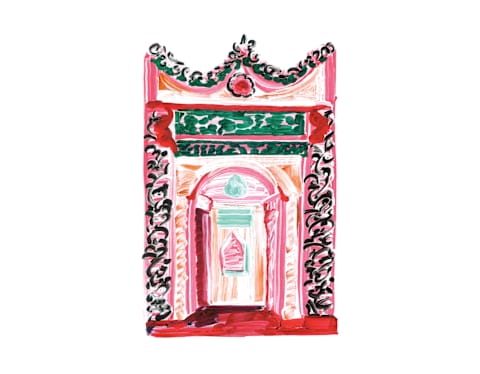 An illustration of an ornate doorway in Turkey's Hagia Sophia Mosque, painted in pink, red and green, by artist Manon Cezaro.