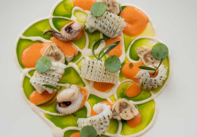 An artfully plated dish features curled pieces of white seafood atop a swirl of green, orange, and white sauces, garnished with small green leaves and herbs on a white plate.