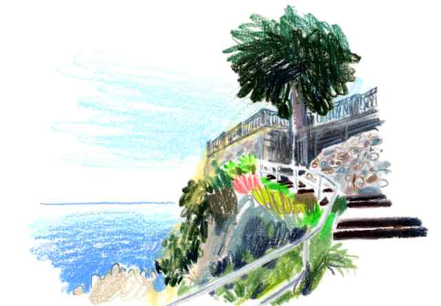 A bright crayon illustration of a path leading up steps to a terrace overlooking the sea, by Damien Cuypers.