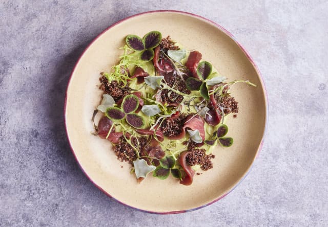 A beige plate with strips of smoked duck and brown grains, garnished with edible clover leaves, on a grey marble table top.