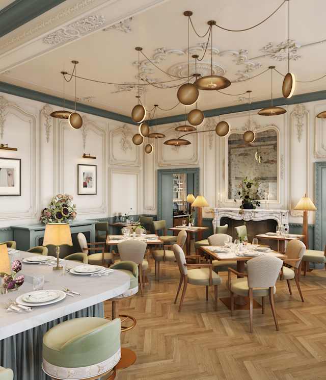 Elegant restaurant interior with ornate white walls, gold accents, and wooden herringbone floors. Round tables are set for dining, with cushioned chairs and soft lighting from modern hanging lamps and table lamps.