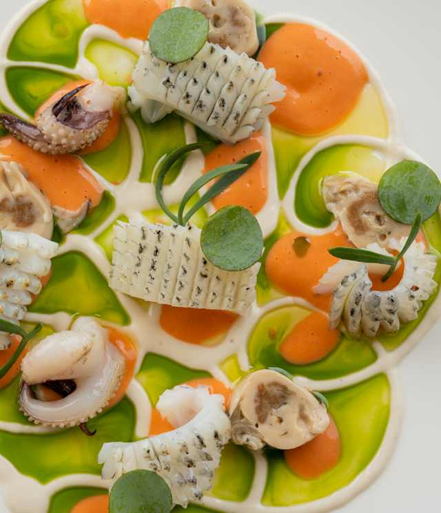 An artfully plated dish features curled pieces of white seafood atop a swirl of green, orange, and white sauces, garnished with small green leaves and herbs on a white plate.