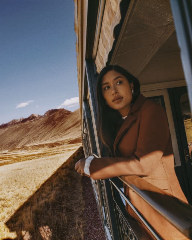 A woman in a brown blazer standing on the train's open-air observation deck
