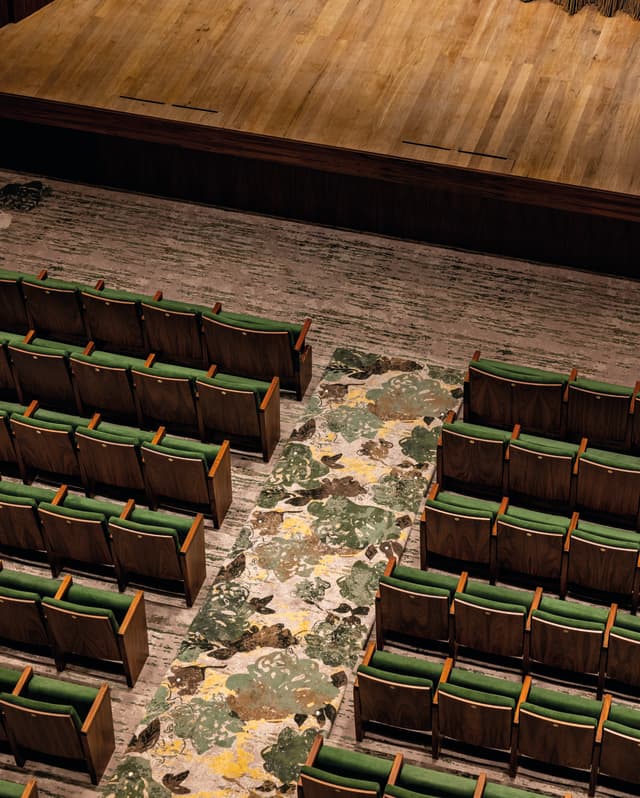 Birds-eye view of the theatre with banks of green flip-back chairs below the stage, divided by a floral aisle carpet.