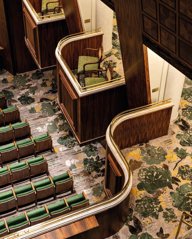 The view from the gods shows the s-shaped curve of the theatre circle balcony and carpet decorated with a botanical pattern