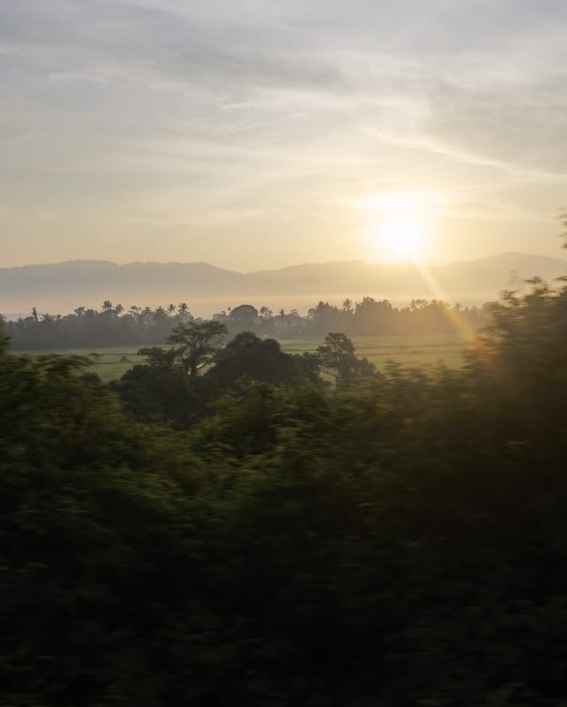 Soft sun glows in a part-cloudy sky, rising above misty, silhouetted hills, seen from the train over fields and trees.