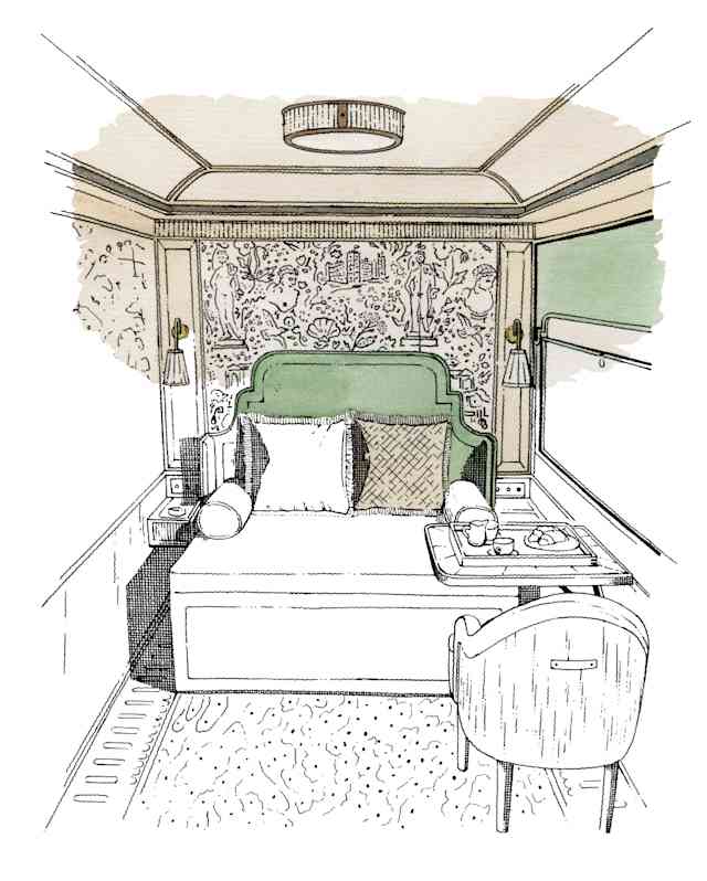 A line drawing of a Britannic Explorer cabin shows a window table and armchair, and a bed against a carved pattern wall.