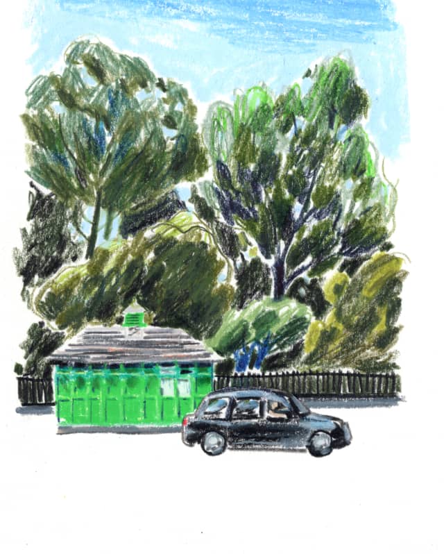 Drawing of a black cab by the historic green cabmen's shelter,  'The Pier' at Chelsea Embankment, sketched by Damien Cuypers.