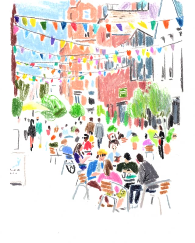 Illustration by Damien Cuypers of Pavilion Road in Chelsea, busy with people at outside tables under bright rainbow bunting.