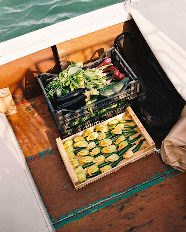A waterborne boat carries two crates in its hull, one with zucchinis and flowers, the other with red onions, seen from above.