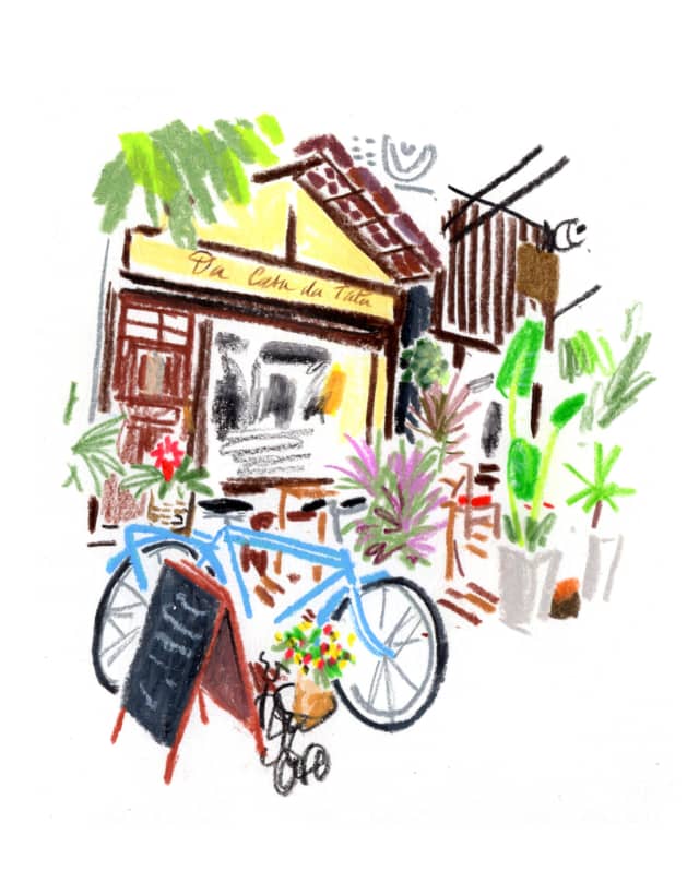 Bright crayon illustration by Daniel Cuypers of Da Casa da Táta, a café in a house in the Gávea district of Rio de Janeiro.