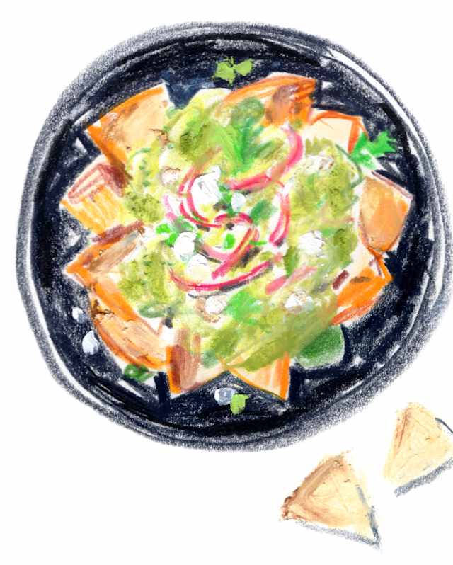 Vibrant crayon sketch by Damien Cuypers of a traditional breakfast dish of chilaquiles, with salsa, sour cream and coriander.
