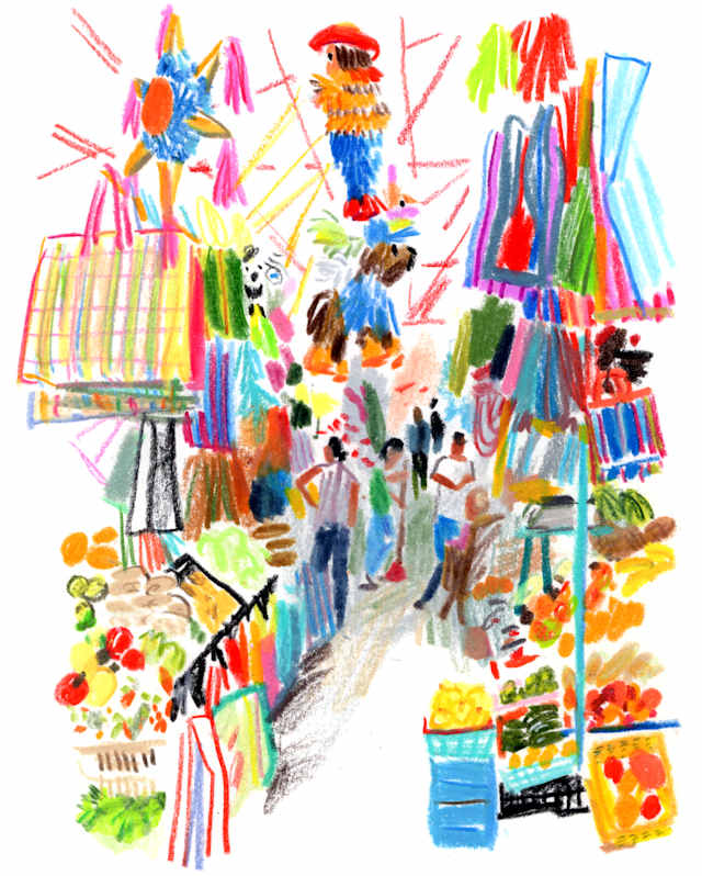Bright sketch by Damien Cuypers looking through a market selling produce, bags and decorations, in San Miguel de Allende.