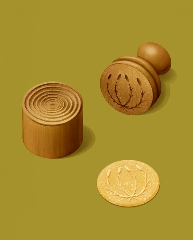 Illustration of a corzetto pasta disc next to the wooden stamp top and base which has given it a debossed floral pattern.