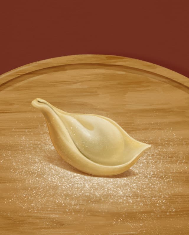 Illustration of a triangular raviolo called a Pansotto, stuffed to look 'pot bellied', on chopping board dusted with flour.