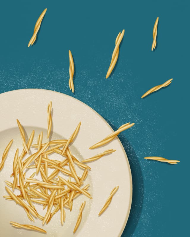 An illustration of twisted lengths of trofie pasta scattered in a bowl and on a blue table-top, seen from above.