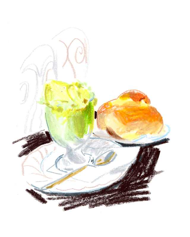 A crayon sketch of a glass of lemon gelato on a saucer with a spoon, accompanied by a cream-filled pastry, by Damien Cuypers.
