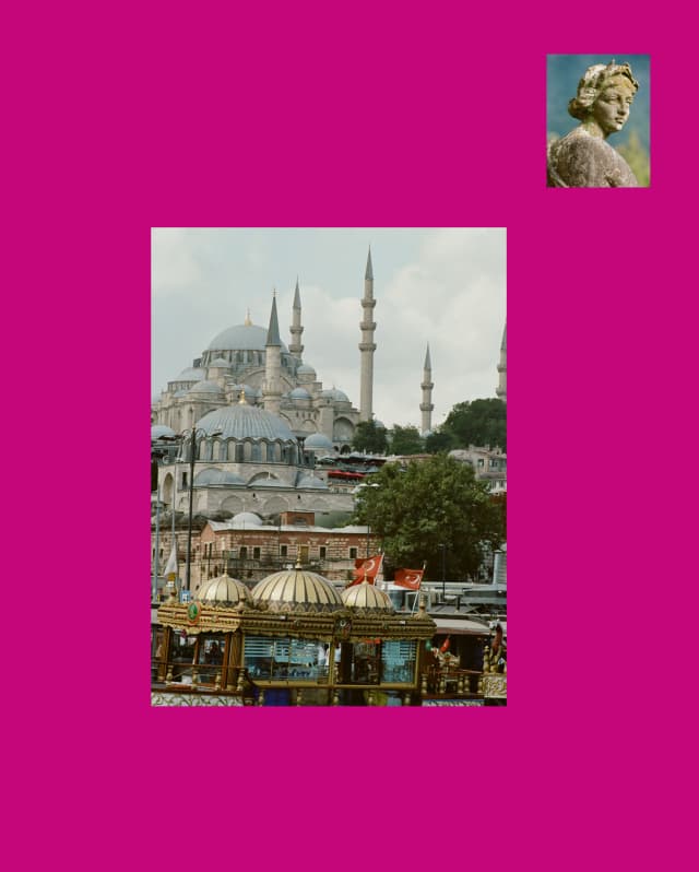 An image of Süleymaniye mosque's broad domes and turrets, presented on a pink background with a photo of a statue's head.