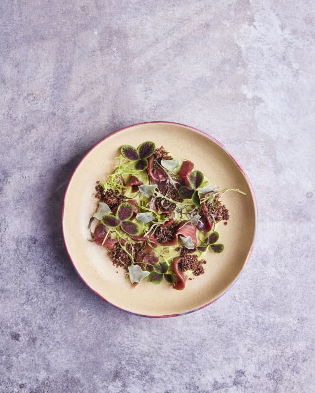 A beige plate with strips of smoked duck and brown grains, garnished with edible clover leaves, on a grey marble table top.