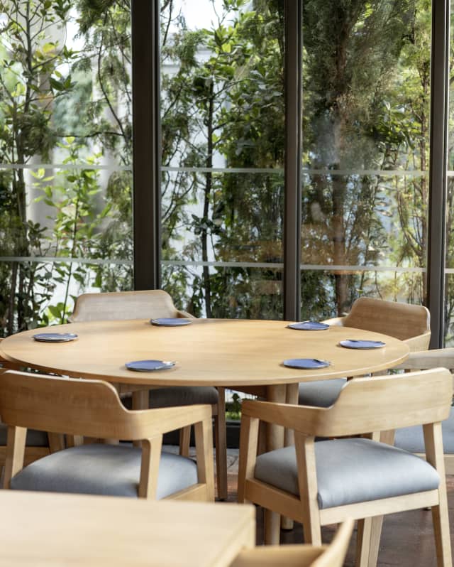 Looking over the pale wood dining tables and chairs to full length windows, offering a nature wall of forest views.