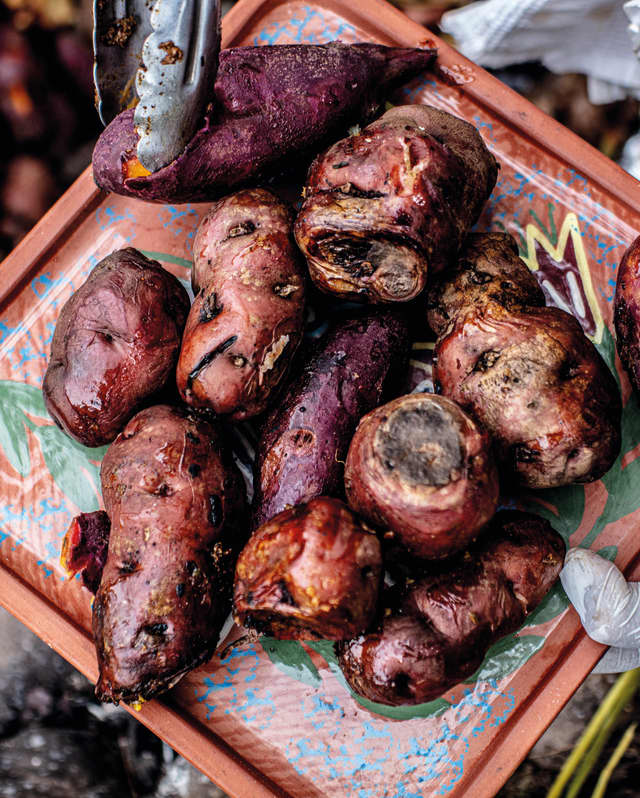 A plate of delicious looking roasted vegetables cooked in the traditional Inca Pachamanca style