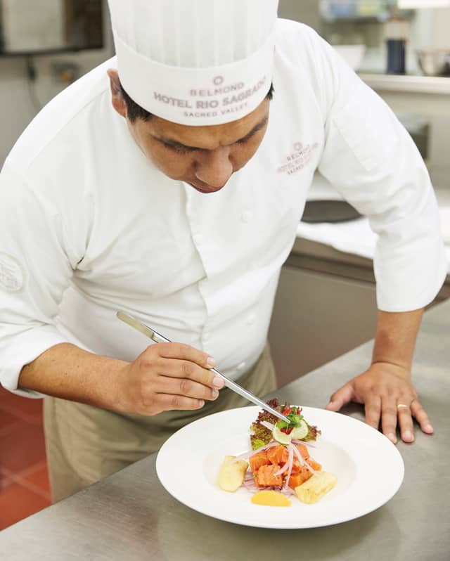 A hotel chef puts the finishing touches to a beautifully presented plate of food on a shiny steel kitchen worktop