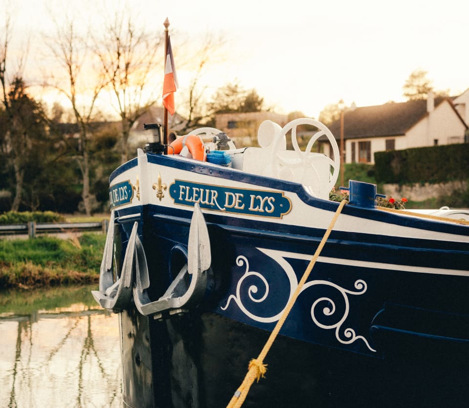 Close-up of the nose of Fleur de Lys with distinctive blue and white motif, moored to a grassy bank in a peaceful setting.